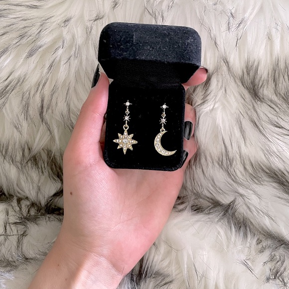 Gold Celestial Moon & Star Drop Dangle Earrings - Picture 1 of 6